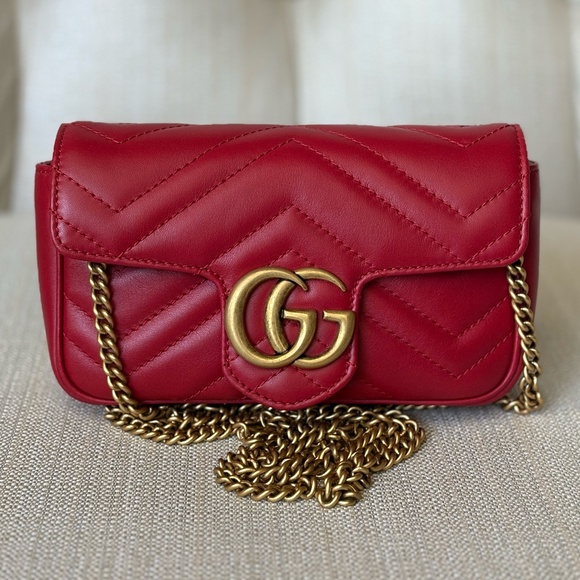 Gucci - Super Mini GG Marmont Shoulder Bag | Hibiscus Red and Gold Hardware - Picture 1 of 9